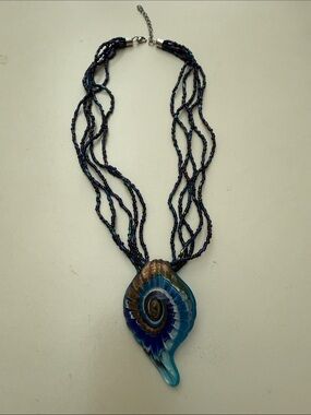 Handcrafted Blue Glass Shell Pendant Necklace with Multi-Strand Beads